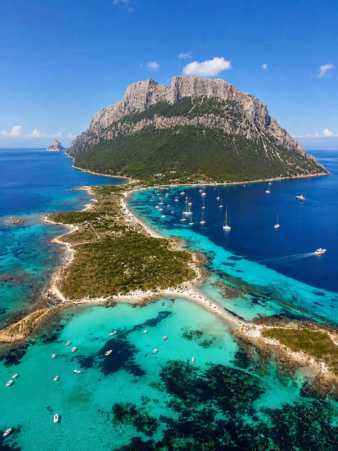 Vista aerea dell'isola di Tavolara con barche